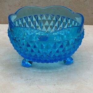 1960s Indiana Glass Horizon Blue Diamond Point 3 Footed Bon Bon Dish Cerium Glow